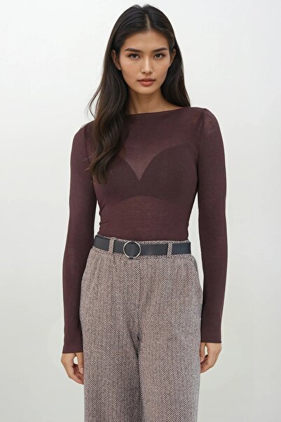 Trend Alaçatı Stili Women's bitter brown wide neck cashmere textured transpar...