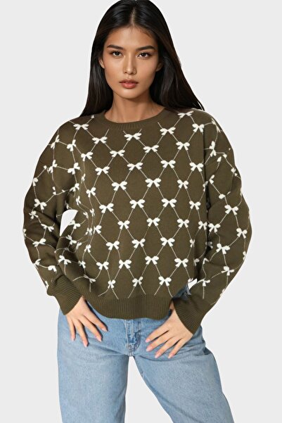 Trend Alaçatı Stili Women's Khaki Crew Neck Ribbon Patterned Knitwear Sweater...