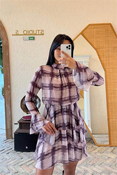 Neşeli Butik Women Burgundy Layer by Layer Plaid Pattern Mini Length Chiffon ...