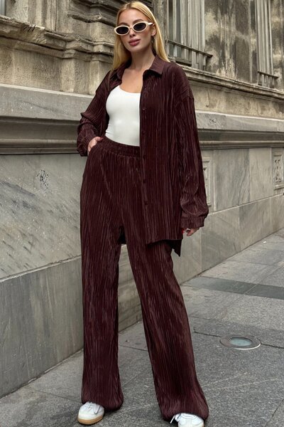 Trend Alaçatı Stili Women's brown Oversized shirt and elastic waist double po...