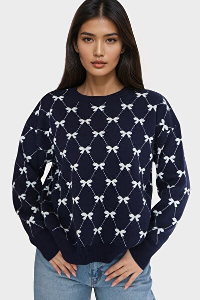 Trend Alaçatı Stili Women's Navy Blue Crew Neck Ribbon Patterned Knit Sweater...