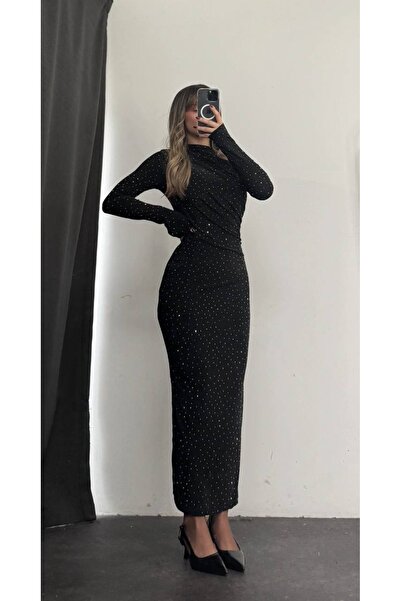 AKKEL BUTİK Taşlı uzun Elbise