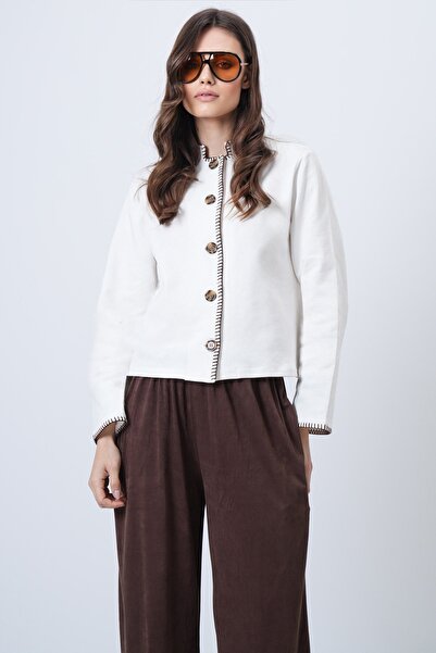 Trend Alaçatı Stili Women's Ecru Hakim Collar Shepherd Stitched Cardigan Alc-...