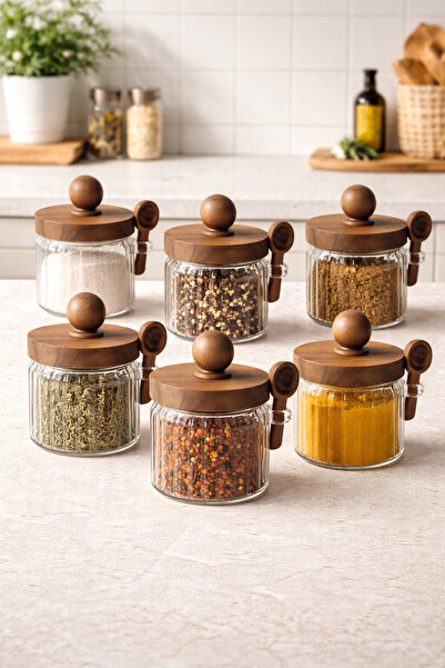 Kitchen Way Acacia Gasketed Striped Glass Jar Set of 6 with Spoon 400ml Kw-752