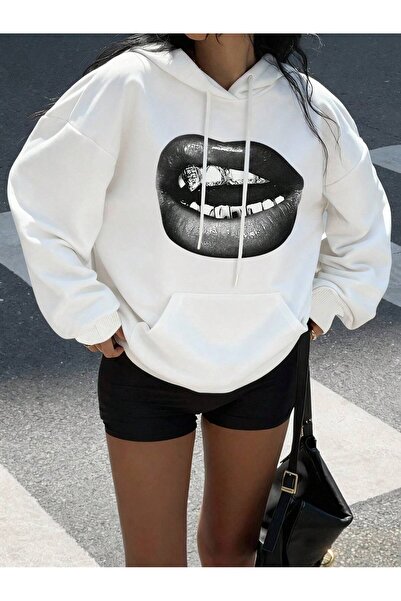 Deocept Γυναικείο φούτερ λευκό με κουκούλα Lips με τύπωμα