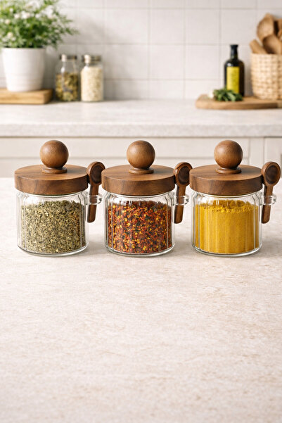 Kitchen Way Acacia Gasketed Striped 3-Piece Glass 400ml Jar Set with Spoon Kw...