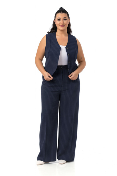 DISENTIS MODEST Plus Size Striped Vest Pants Navy Blue Two-Piece Suit