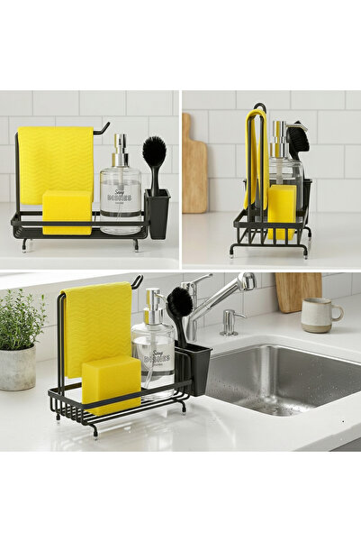 Suntel Mutfak Lavabo Üstü Düzenleyici Organizer - Siyah Metal Süngerlik, Deterjanlık ve Bez Askılı Stand