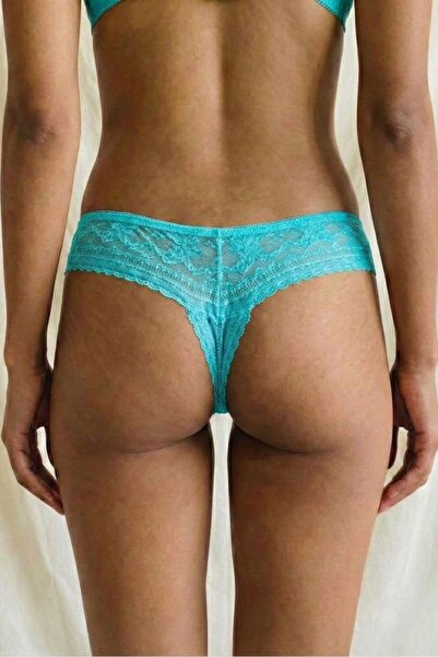 enmodaiçgiyim Turquoise Blue Women's Luxurious Lace Thong String Panties - St...
