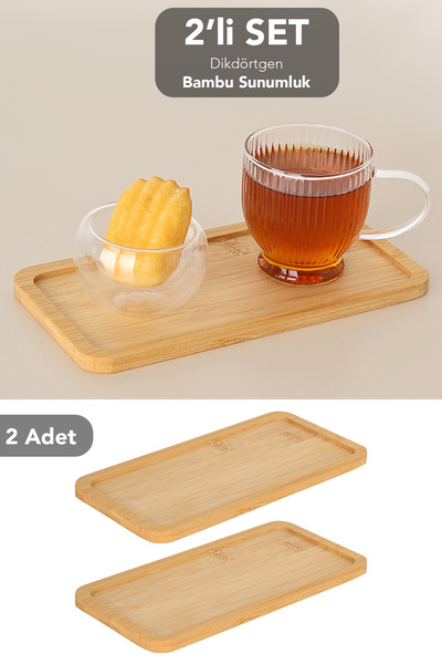 Meleni Home 2 Adet Dikdörtgen Bambu Sunumluk - Dekoratif Sunum Tabağı Çay Kah...