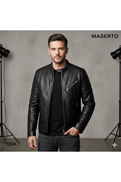 MASERTO Siyah Omuz Bel İşlemeli Deri Ceket