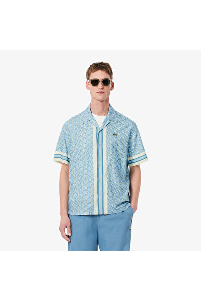 Lacoste Erkek Relaxed Fit Kısa Kollu Monogram Mavi Gömlek