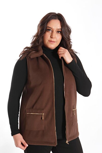 Metpoint Trend42Plus Plus Size Zippered Pocket Detailed Cashmere Brown Vest