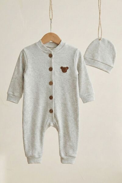 zumino Solid Color Beret Baby Romper with Teddy Bear Embroidery