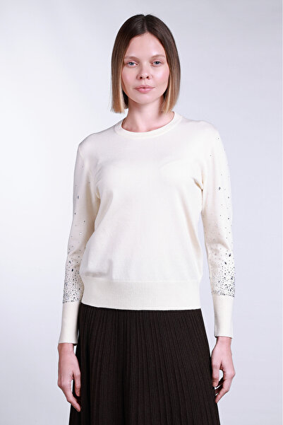 Sempre Women's Sleeves Stone Detailed Crew Neck Sweater 2704 Ivory