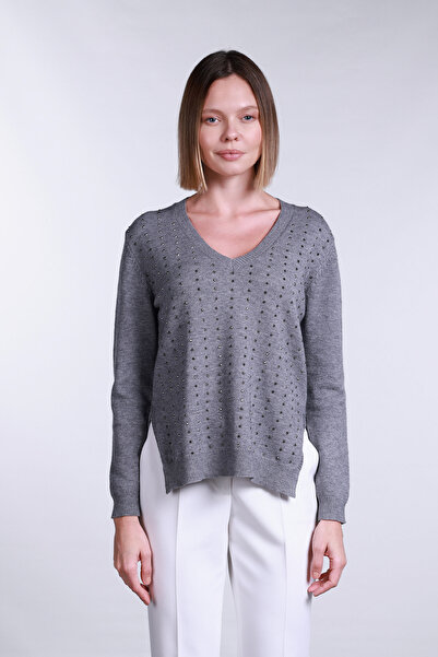 Sempre Women's V-Neck Side Slit Stone Detailed Sweater 2754 Gray