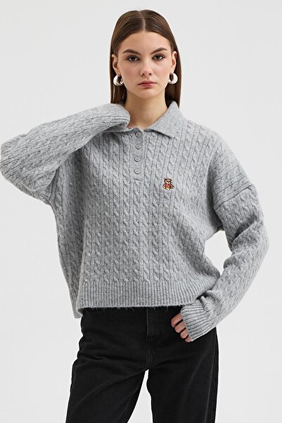 Lijuri Teddy bear embroidered polo collar knitted sweater 1388