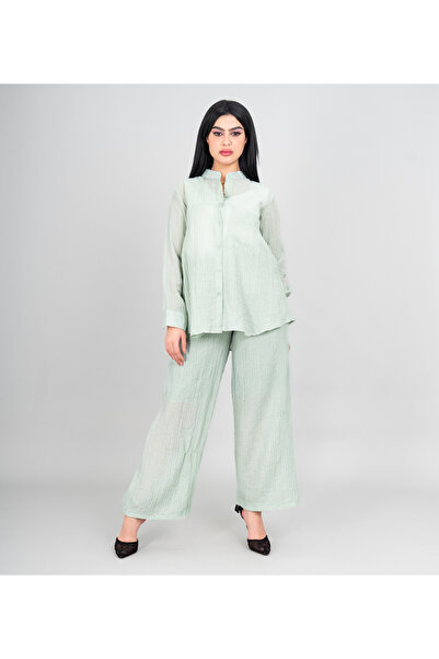 IKKXA طقم عصري من قطعتين، قميص وبنطال بلون موحد، قماش شفاف