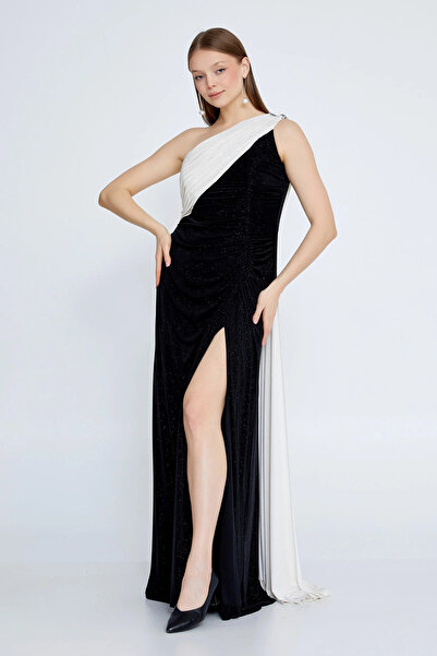 ŞEREF VURAL Women's One Shoulder Detailed Deep Slit Long Evening Dress 8238 B...