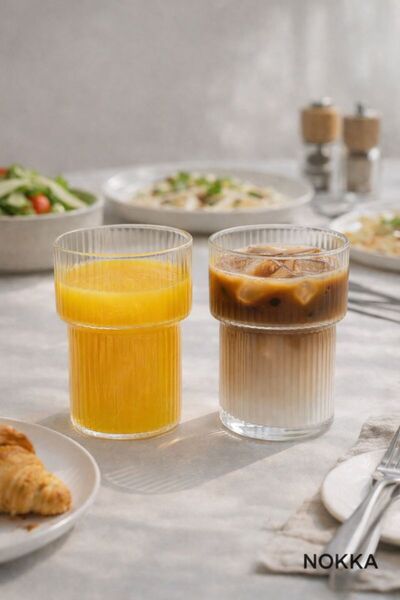 NOKKA 2 Adet Çizgili Bardak, Cam Bardak, Su Bardağı, Meşrubat Bardak, 300 ml