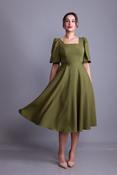 Bidoluelbise Khaki Square Neck Balloon Sleeve Midi Length Evening Dress