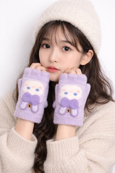 gigigiyim Tavşan Desenli Kapaklı Kız Çocuk Peluş Parmaksız Eldiven