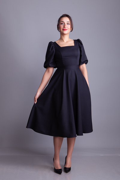 Bidoluelbise Black Square Neck Balloon Sleeve Midi Length Evening Dress
