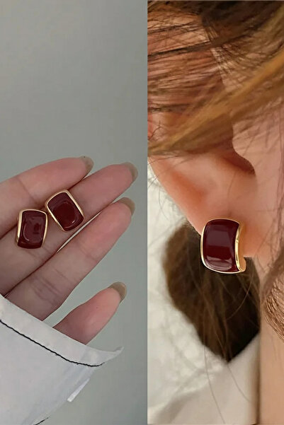 Glaren Minimal Bordo Mineli Altın Renk Kadın Küpe