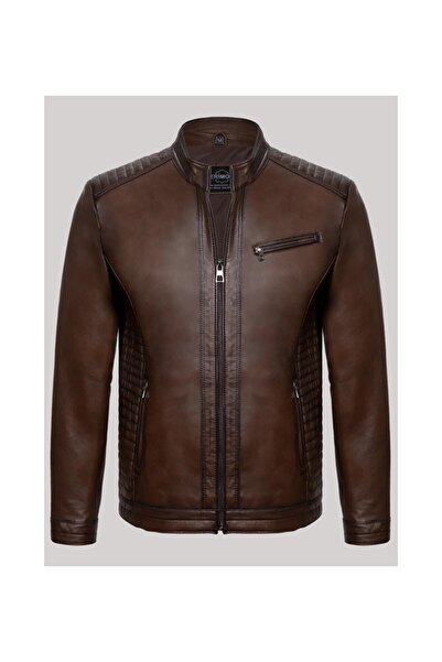 MASERTO Kahverengi Yan Cep Fermuarlı Deri Ceket