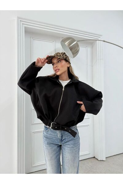 VESS MODA Belt Detailed Lined Bomber Cashmere Jacket