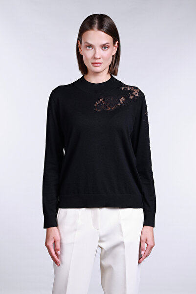 Sempre Women's Half Fisherman Lace Detailed Wool Sweater 2721 Black