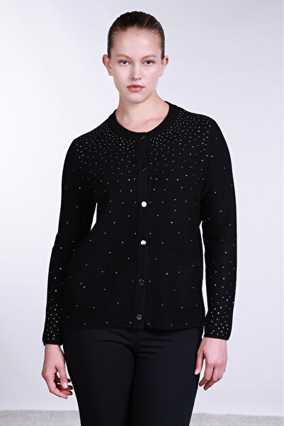 Sempre Women's Stone Decorated Cardigan with Bag Pockets 2700 Black