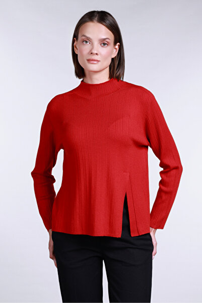 Sempre Women's Half Fisherman Slit Detailed Wool Sweater 2742 Red