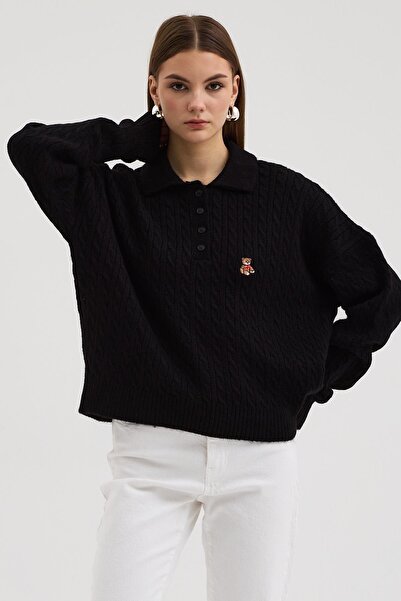 Lijuri Teddy bear embroidered polo collar knitted sweater 1388