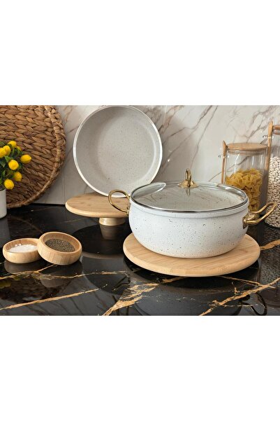 Protef 3 Parça Granit Güveç Tencere Seti Beyaz tencere seti 24 CM Tencere + Tava