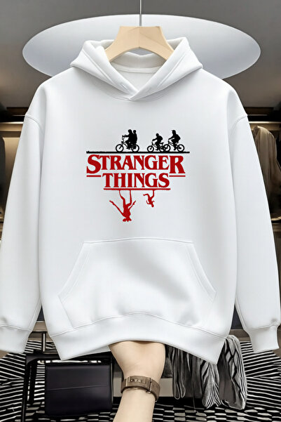 MODARİCH Hanorac Stranger Things - Negru, imprimat, supradimensionat, cu glugă