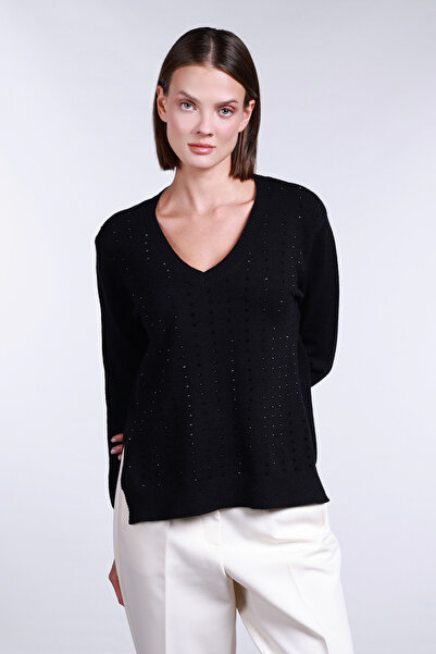 Sempre Women's V-Neck Side Slit Stone Detailed Sweater 2754 Black