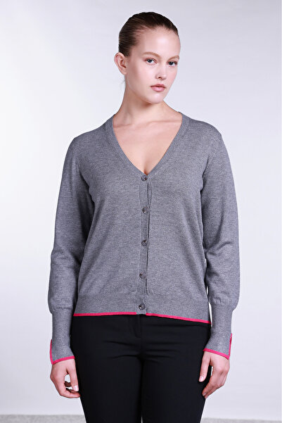 Sempre Women's V-Neck Sleeves Slit Cardigan 2708 Gray-Fuchsia