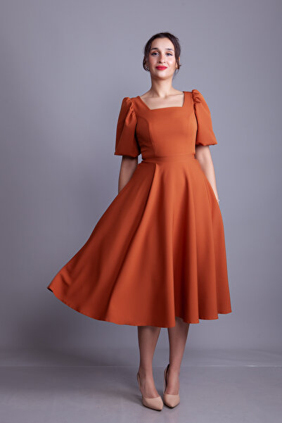 Bidoluelbise Cinnamon Square Neck Balloon Sleeve Midi Length Evening Dress