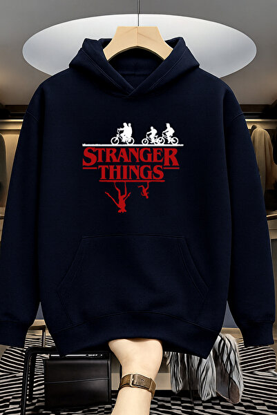 MODARİCH Stranger Thing Sweatshirt - Siyah Baskılı Oversize Şardonlu Kapüşonlu