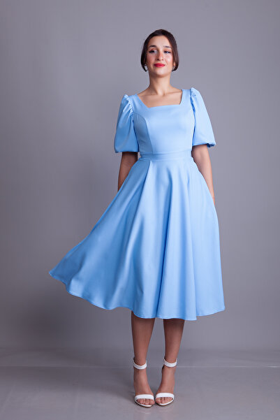 Bidoluelbise فستان سهرة ميدي بأكمام بالون وياقة مربعة باللون الأزرق الفاتح