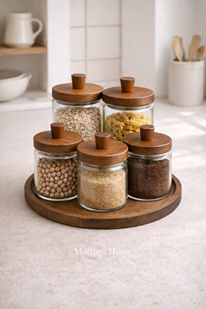 Mottogo Set of 5 Acacia Lid Glass Jars – 950 ml & 450 ml with Wooden Lids