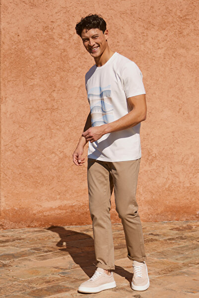 ALTINYILDIZ CLASSICS White Slim Fit Slim Fit Cotton Stretch Printed Crew Neck...