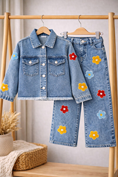 minniobaby Girl's Floral Applique Denim Jacket and Pants Set