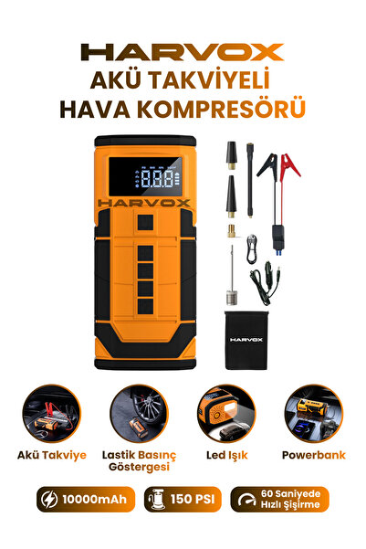 HARVOX Taşınabilir 10000mAh Akü Takviyeli Hava Kompresörü Şarjlı Powerbankli ...