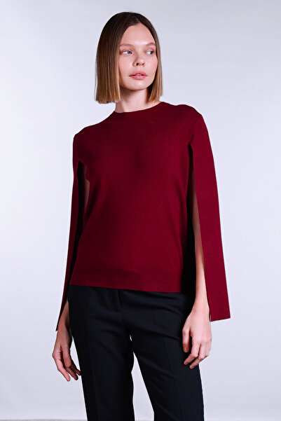 Sempre Women's Crew Neck Cape Detailed Sweater 2775 Claret Red