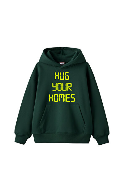 Sekizbiraltı Hug Your Hom. Printed Oversized Unisex Dark Green Hoodie