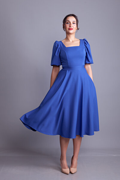 Bidoluelbise Denim Blue Square Neck Balloon Sleeve Midi Length Evening Dress