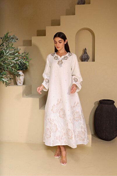 IKKXA جلابية كلاسيكية مزينة بالكريستال الزهري