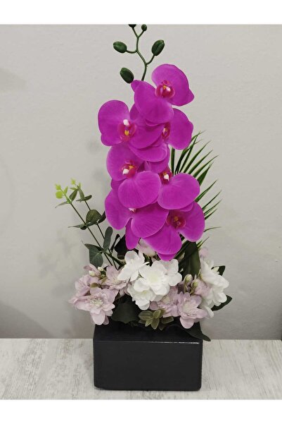 SAKLI ATÖLYEM Ahşap Saksılı Yapay Orkide ve Yasemin Çeçekli Dekoratif Aranjman